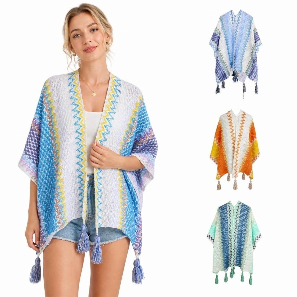 Ethnic Fashion Wear - Retro Gestreifter Strickponcho mit Quasten, Übergroßer