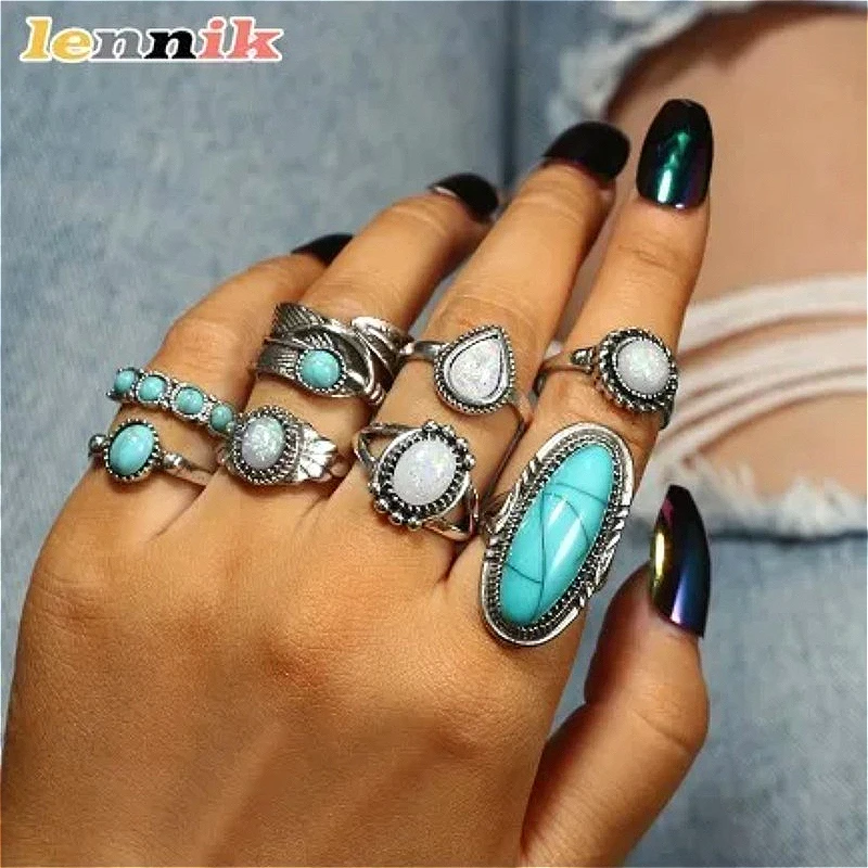 Ethnic Wear Fashion Designer - LENNIK Heißer Boho Damen Ethno-Retro Türkis-Feder-Ring-Set,