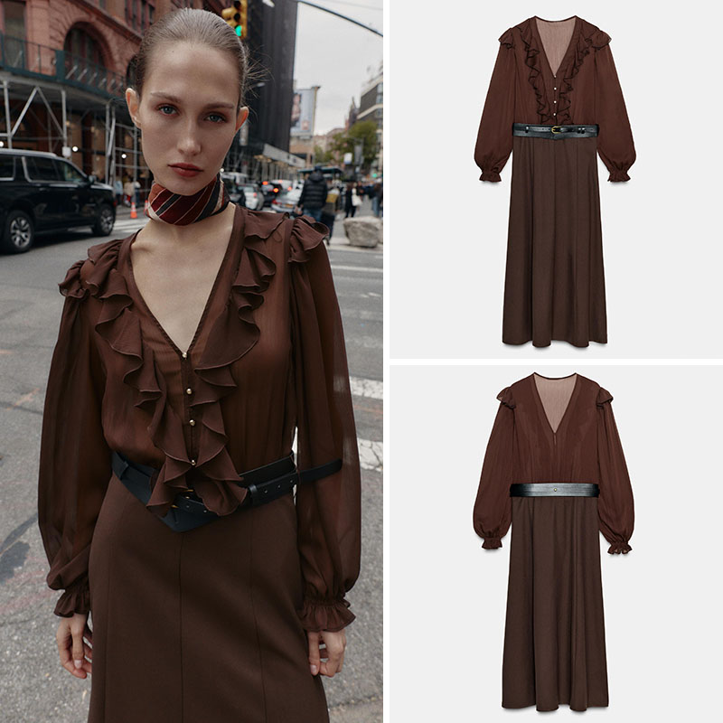 Ethnic Fashion Wear - Elegantes V-Ausschnitt Langarm-Midikleid Neue Herbstmode für