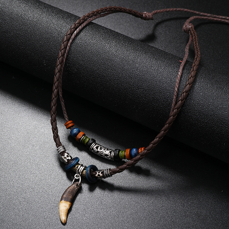 Ethnic Fashion Pk - Doppelschichtige handgeflochtene Lederhalskette im Vintage-Ethno-Stil –