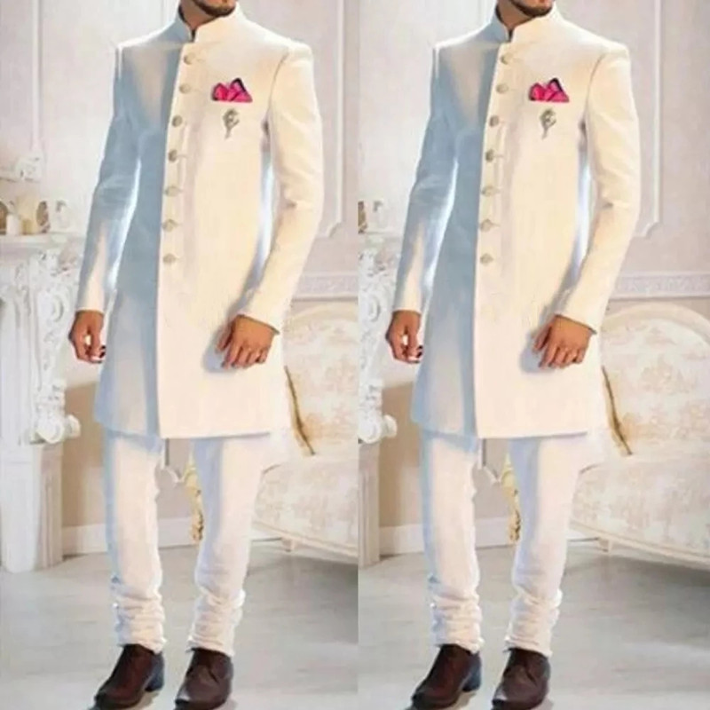 Ethnic Wear Fashion Designer - Mode-Design Weiß Stehkragen Einreiher Ethnische Indischen